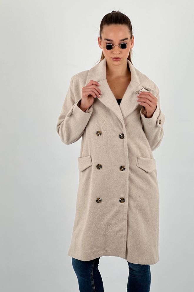 MISS POEM Beige Elegant Double Breasted Long Coat Wholesale Clothing Work
