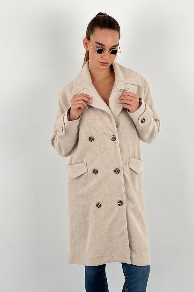 MISS POEM Beige Elegant Double Breasted Long Coat Wholesale Clothing 1