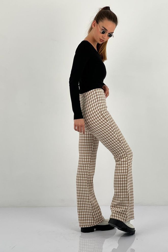 MISS POEM Smėlio Spalvos Houndstooth Rašto Bootcut Kelnės Plataus Siaurėjančio Kirpimo Aukštu Liemeniu Didmeninė prekyba drabužiais Kokteilinė