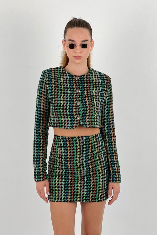 MISS POEM Žalias Retro Rinkinys Su Aptempta Mini Sijonu Ir Houndstooth Raštu Didmeninė prekyba drabužiais Kokteilinė