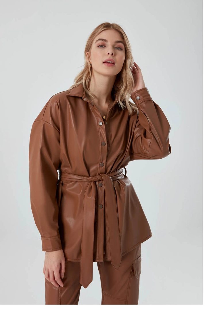 A wholesale clothing model wears MZC10034 - Leather Detailed Tunic - Camel, Turkish wholesale Tunic of MZL Collection
