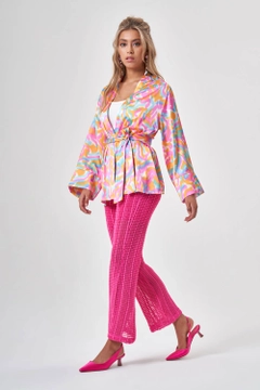 A wholesale clothing model wears MZC10162 - Kimono - Multicolored, Turkish wholesale Kimono of MZL Collection