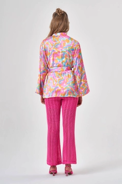 A wholesale clothing model wears MZC10162 - Kimono - Multicolored, Turkish wholesale Kimono of MZL Collection