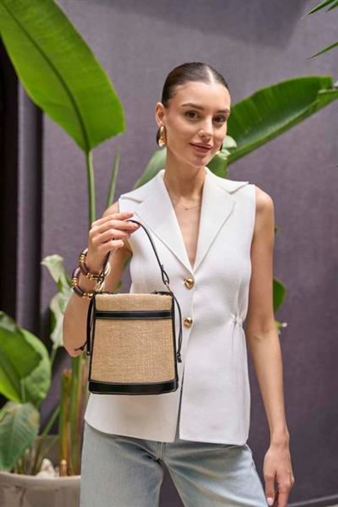 Madamra Kontrast Dikişli Kova El Ve Omuz Çanta Siyah Hasır Toptan Giyim 4