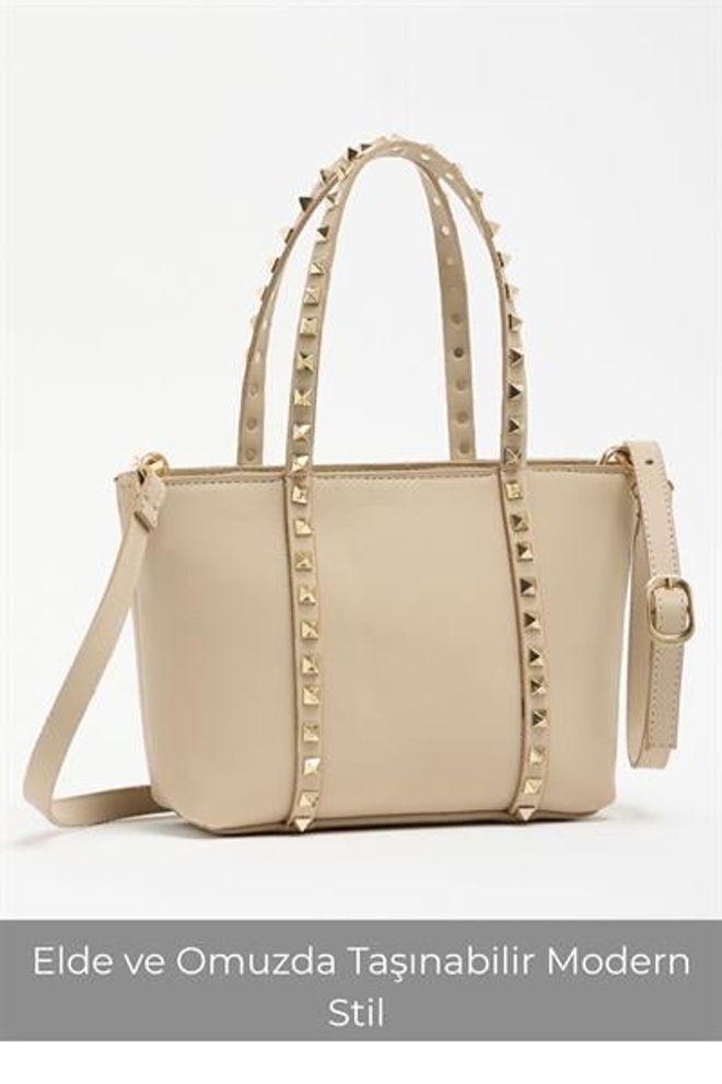 Madamra Vizon Kadın Küçük Boy Zımba Detaylı Pu Deri Tokalı El Ve Omuz Çantası Toptan Giyim 1