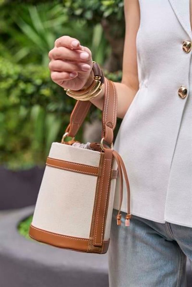 Madamra Kontrast Dikişli Kova El Ve Omuz Çanta Kanvas taba Toptan Giyim 4