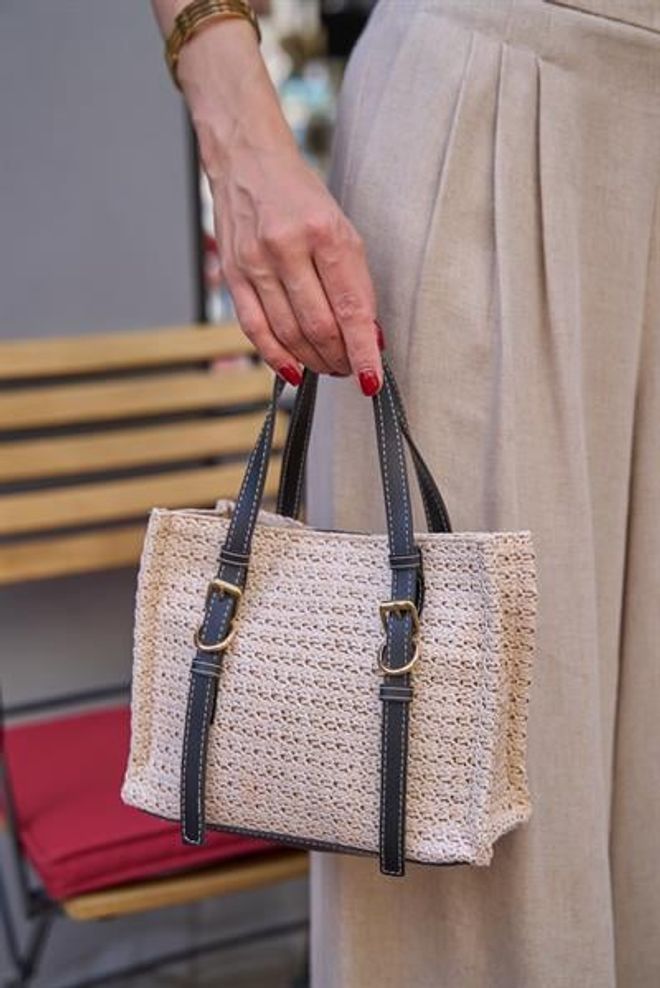 Madamra Bolso De Mano Y Hombro Con Hebilla Con Detalle De Paja Color Crema Y Negro Ropa al por mayor 0