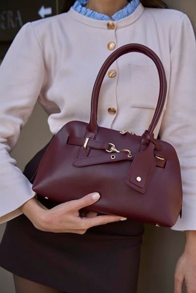 Madamra Bolsa Retrô Com Acessório Dourado Bolsa De Mão E Ombro Cor De Vinho Roupas por atacado 0