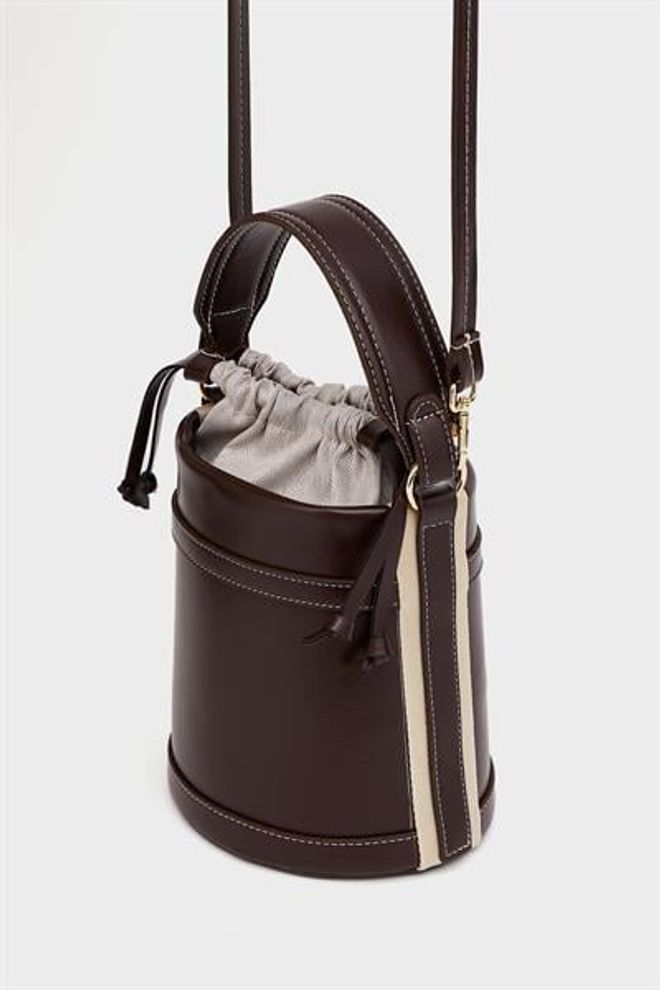 Madamra Brown Women Bucket Bag Contrast Stitching Detailed Hand And Shoulder Carry Design Wholesale Clothing 0