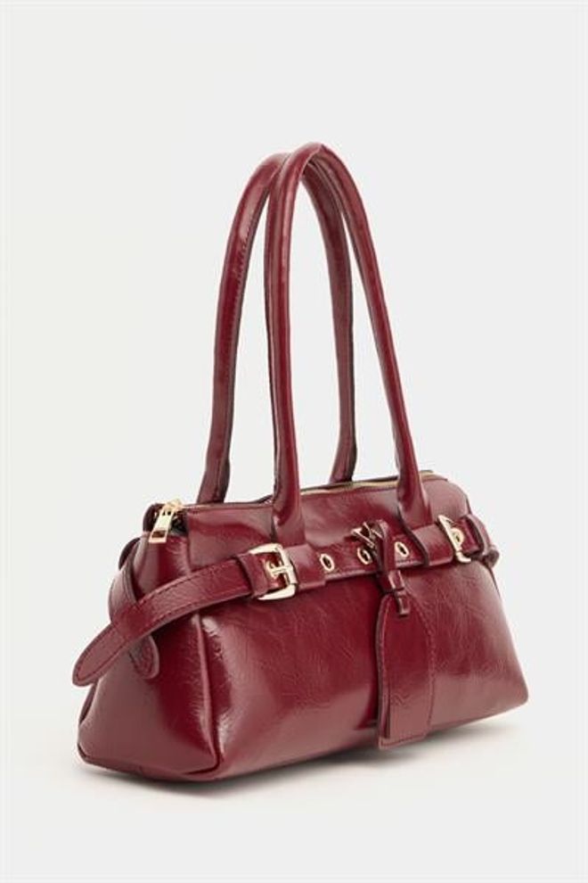 Madamra Riem Met Dubbele Gesp Gedetailleerde Hand En Schoudertas Bordeaux Groothandel Kleding 0