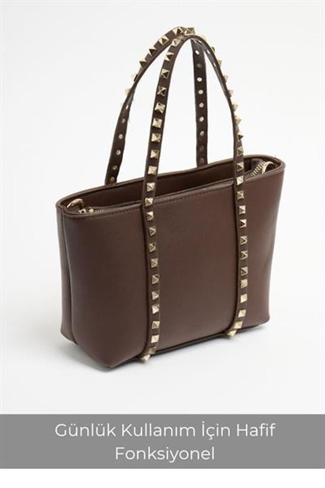 Madamra Kahverengi Kadın Küçük Boy Zımba Detaylı Pu Deri Tokalı El Ve Omuz Çantası Toptan Giyim 2