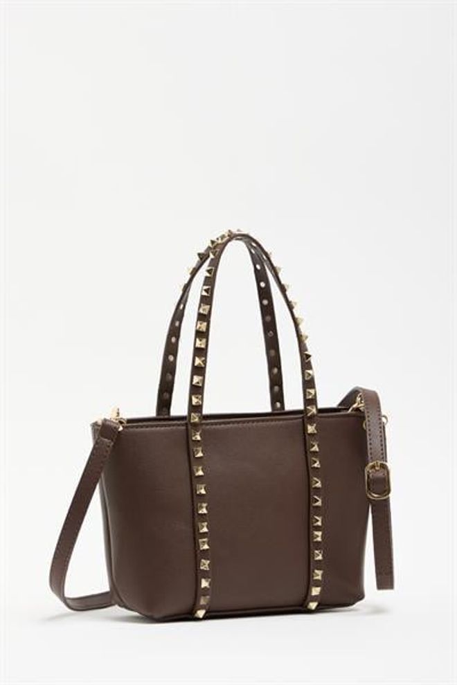 Madamra Kahverengi Kadın Küçük Boy Zımba Detaylı Pu Deri Tokalı El Ve Omuz Çantası Toptan Giyim 4