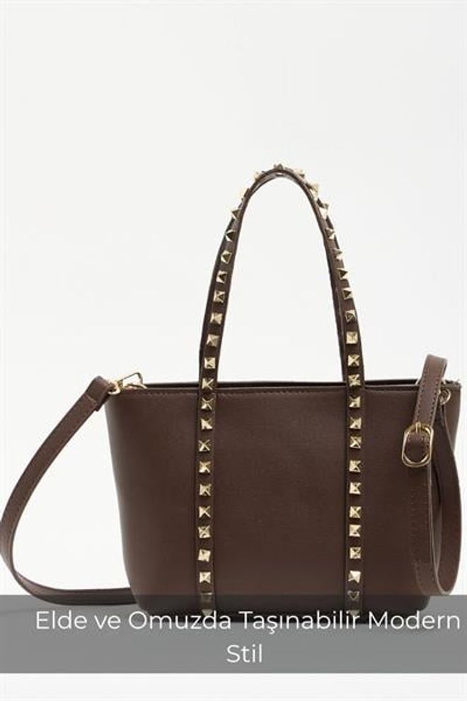 Madamra Kahverengi Kadın Küçük Boy Zımba Detaylı Pu Deri Tokalı El Ve Omuz Çantası Toptan Giyim 1