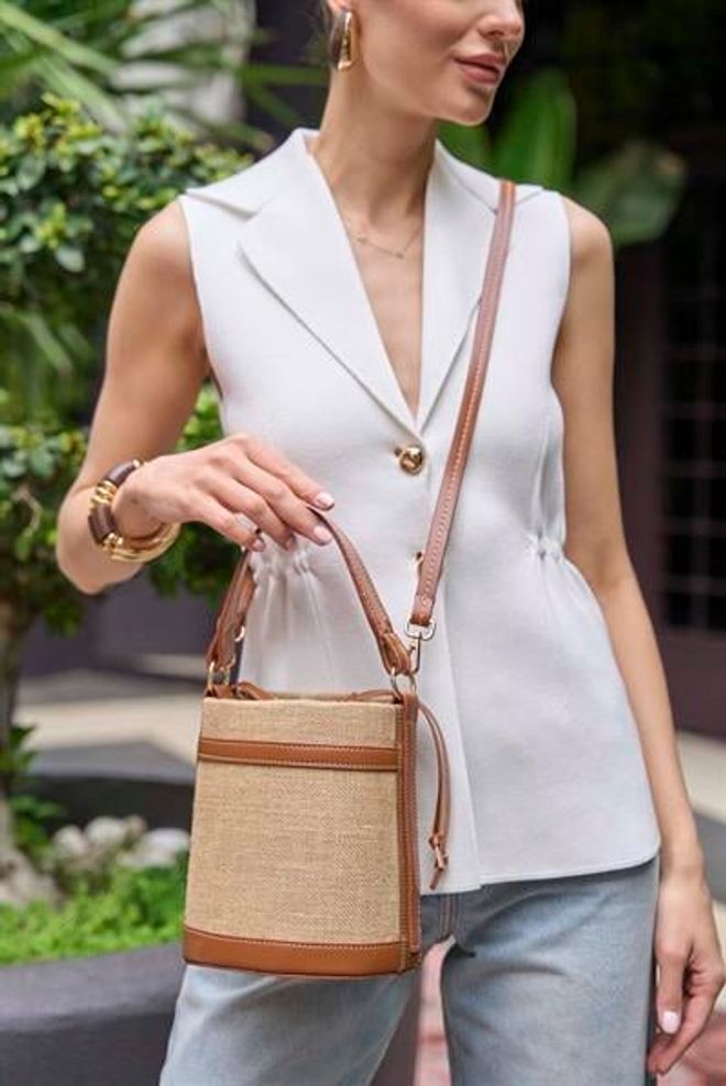 Madamra Contrast Stitched Bucket Hand And Shoulder Bag Taba Mesh Wholesale Clothing 0