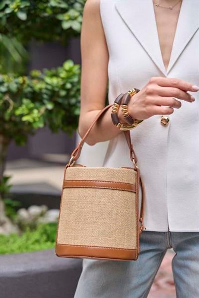 Madamra Kontrast Dikişli Kova El Ve Omuz Çanta Taba Hasır Toptan Giyim 2