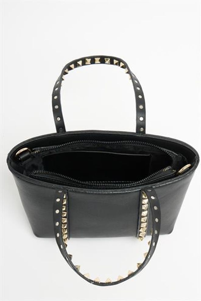 Madamra Siyah Kadın Küçük Boy Zımba Detaylı Pu Deri Tokalı El Ve Omuz Çantası Toptan Giyim 4