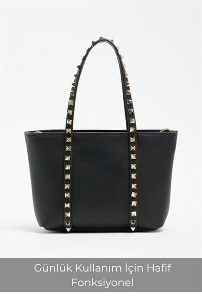 Madamra Siyah Kadın Küçük Boy Zımba Detaylı Pu Deri Tokalı El Ve Omuz Çantası Toptan Giyim 1