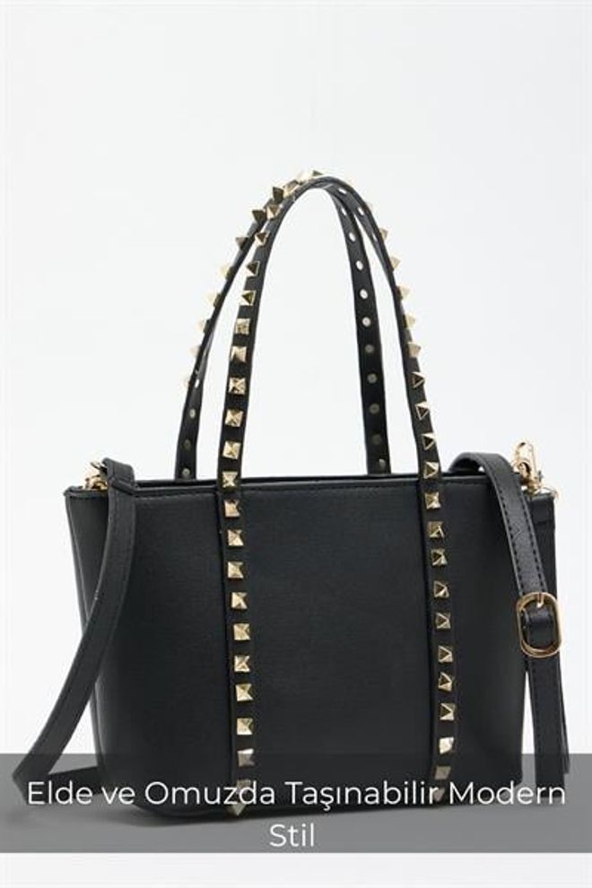 Madamra Siyah Kadın Küçük Boy Zımba Detaylı Pu Deri Tokalı El Ve Omuz Çantası Toptan Giyim 2