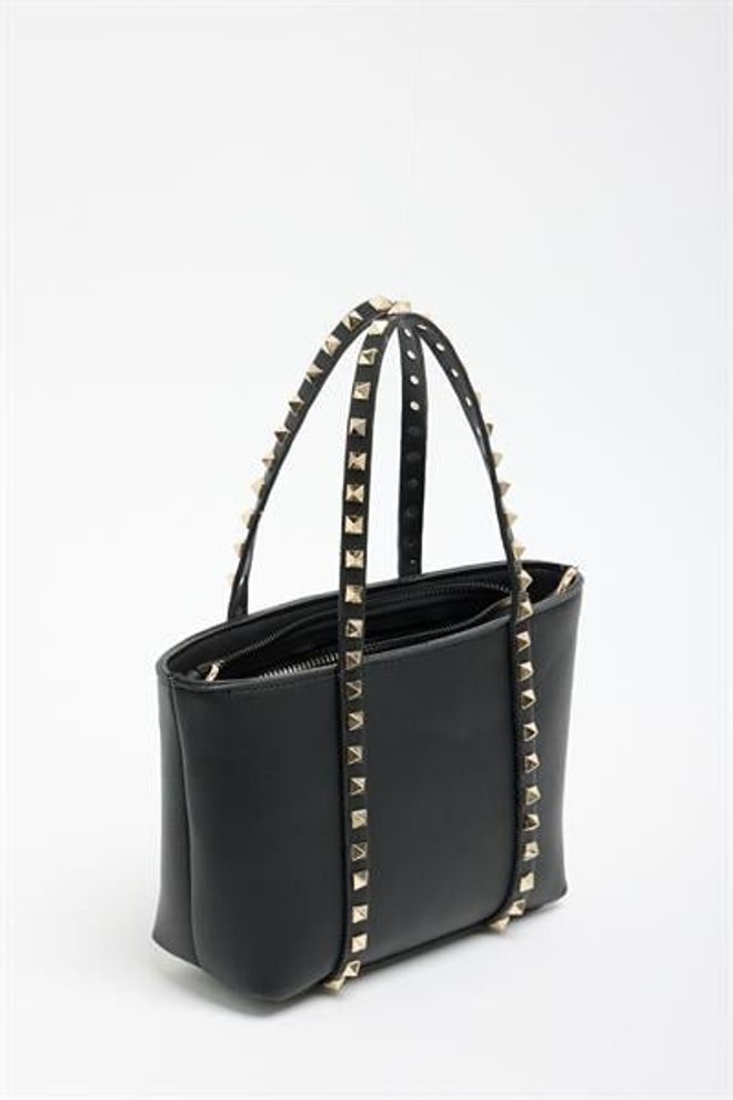 Madamra Siyah Kadın Küçük Boy Zımba Detaylı Pu Deri Tokalı El Ve Omuz Çantası Toptan Giyim 3