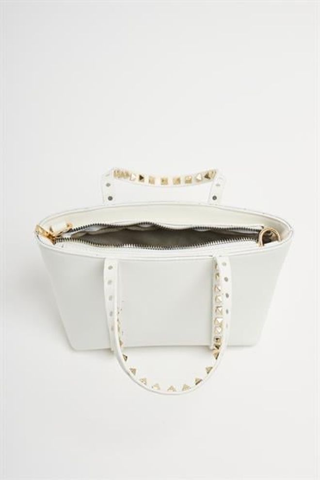 Madamra Beyaz Kadın Küçük Boy Zımba Detaylı Pu Deri Tokalı El Ve Omuz Çantası Toptan Giyim 3