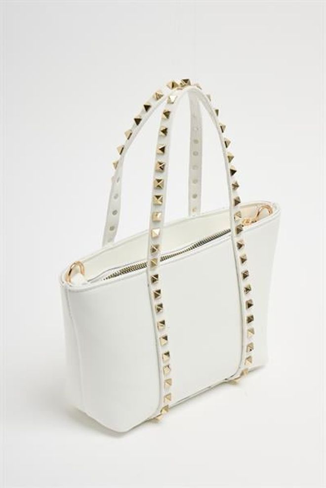 Madamra Beyaz Kadın Küçük Boy Zımba Detaylı Pu Deri Tokalı El Ve Omuz Çantası Toptan Giyim 4