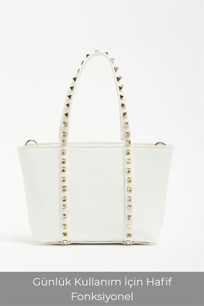 Madamra Beyaz Kadın Küçük Boy Zımba Detaylı Pu Deri Tokalı El Ve Omuz Çantası Toptan Giyim 2