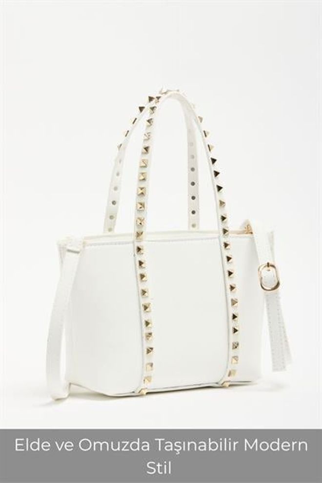 Madamra Beyaz Kadın Küçük Boy Zımba Detaylı Pu Deri Tokalı El Ve Omuz Çantası Toptan Giyim 1