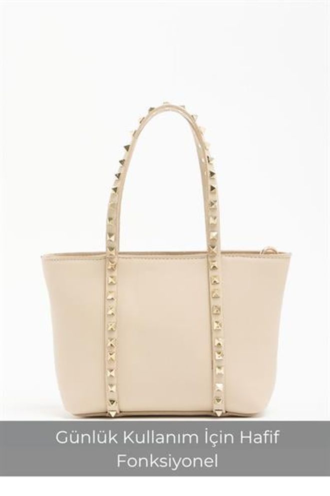 Madamra Krem Kadın Küçük Boy Zımba Detaylı Pu Deri Tokalı El Ve Omuz Çantası Toptan Giyim 1
