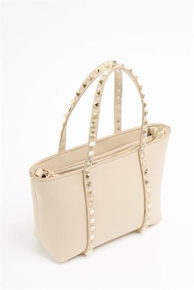 Madamra Krem Kadın Küçük Boy Zımba Detaylı Pu Deri Tokalı El Ve Omuz Çantası Toptan Giyim 3