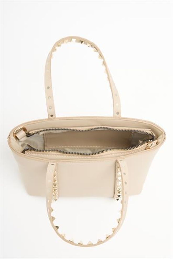 Madamra Krem Kadın Küçük Boy Zımba Detaylı Pu Deri Tokalı El Ve Omuz Çantası Toptan Giyim 4