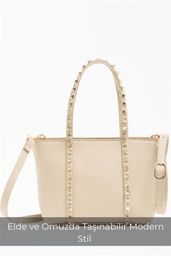 Madamra Krem Kadın Küçük Boy Zımba Detaylı Pu Deri Tokalı El Ve Omuz Çantası Toptan Giyim 2
