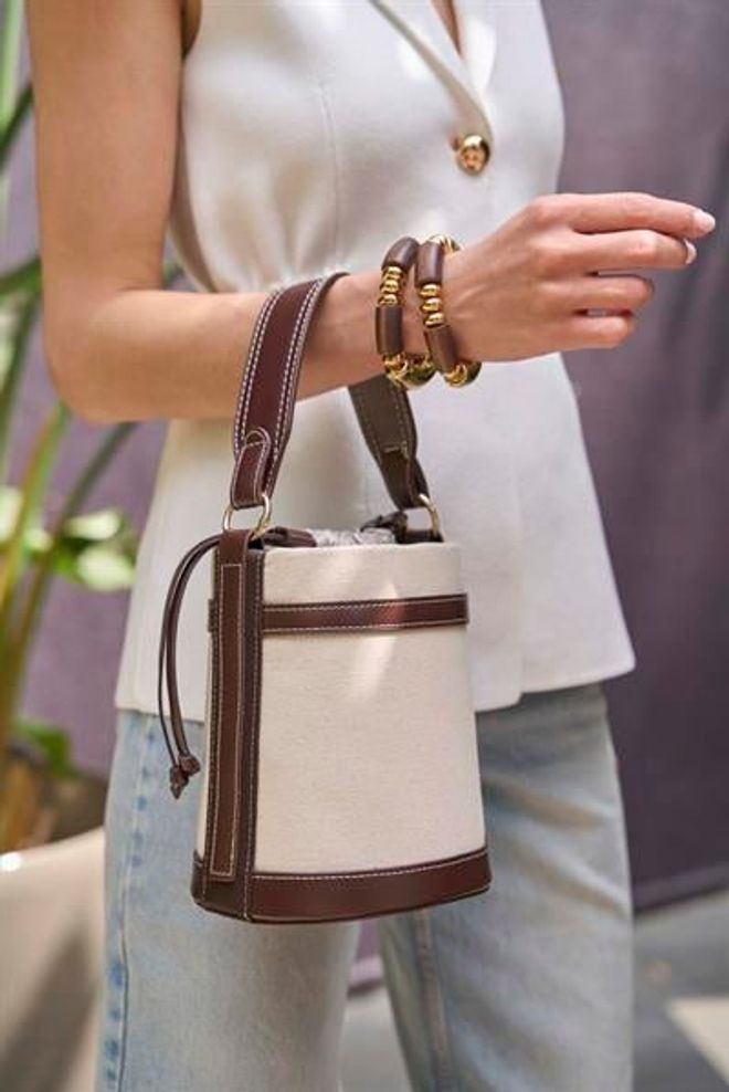 Madamra Contrasterend Gestikte Emmer Hand En Schoudertas Canvas Bruin Groothandel Kleding 0
