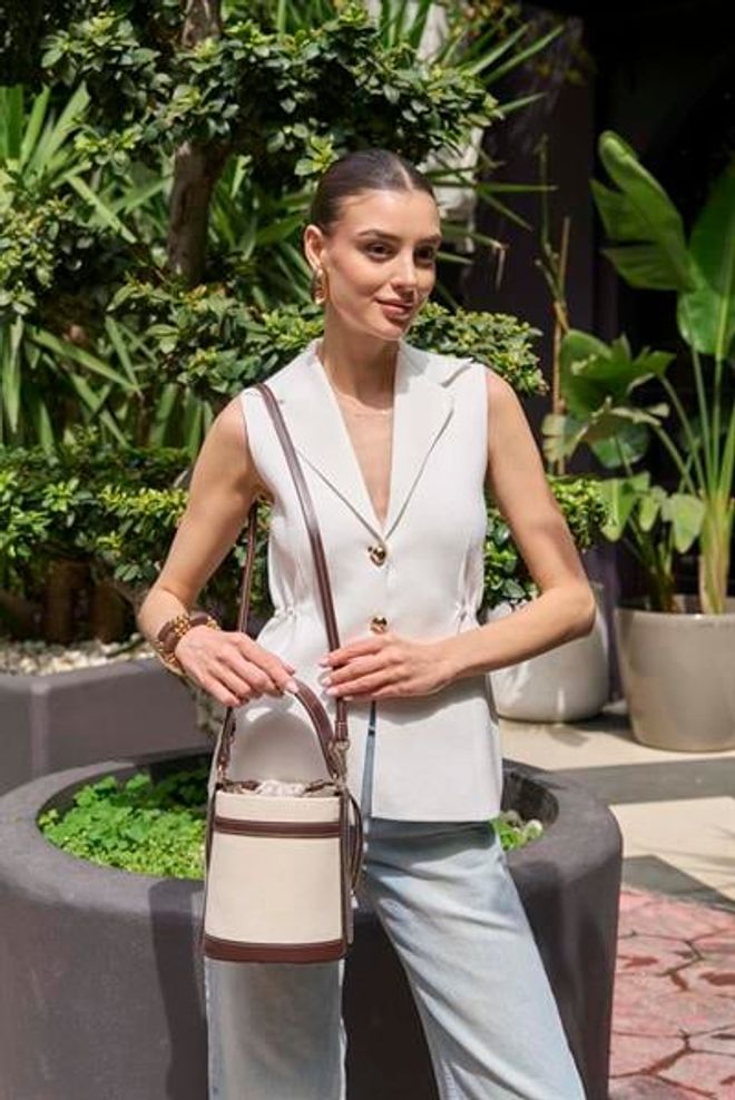 Madamra Kontrast Dikişli Kova El Ve Omuz Çanta Kanvas Kahverengi Toptan Giyim 4