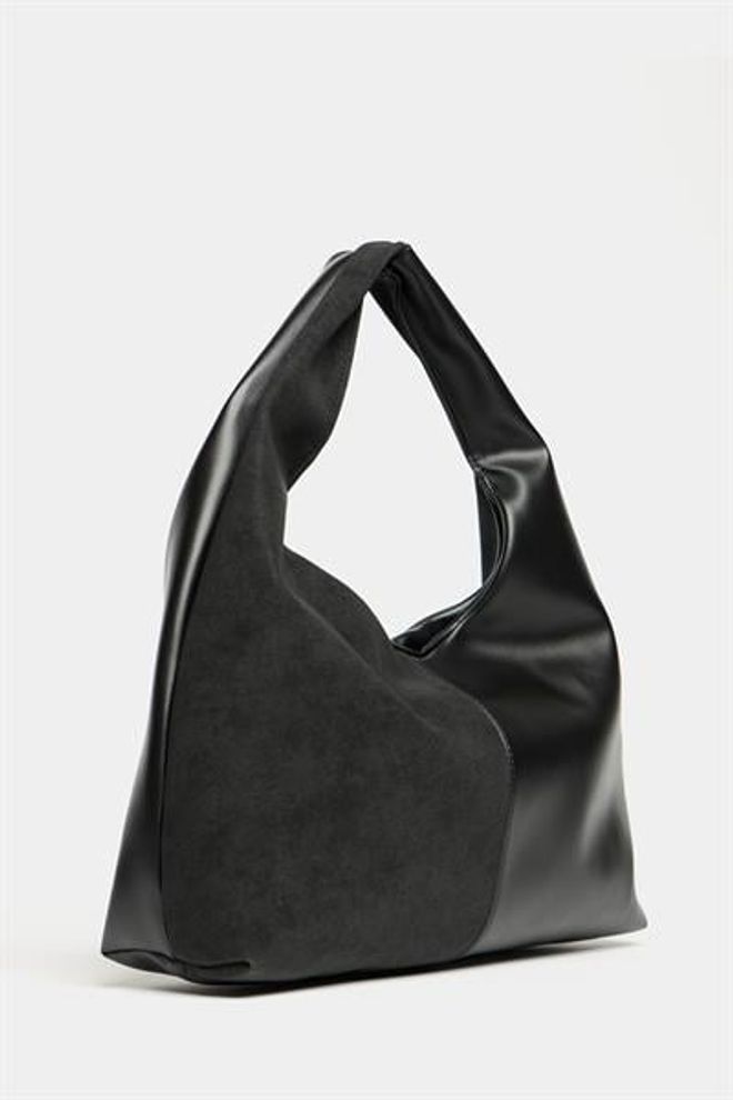 Madamra Women's Black Suede And Pu Leather Contrast Shopper Shoulder Bag — Soft Form Vintage Model Wholesale Clothing 1