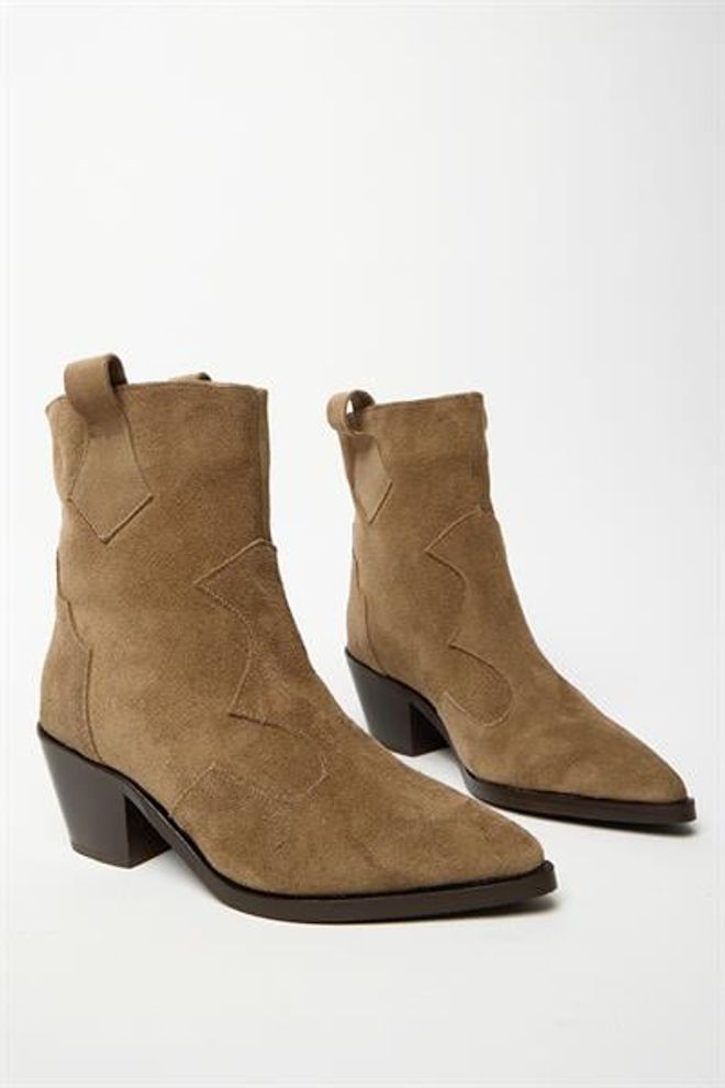 Madamra Botas Femininas Camel De Camurça Genuína Western Cowboy — Saltos De Bico Fino Roupas por atacado 0