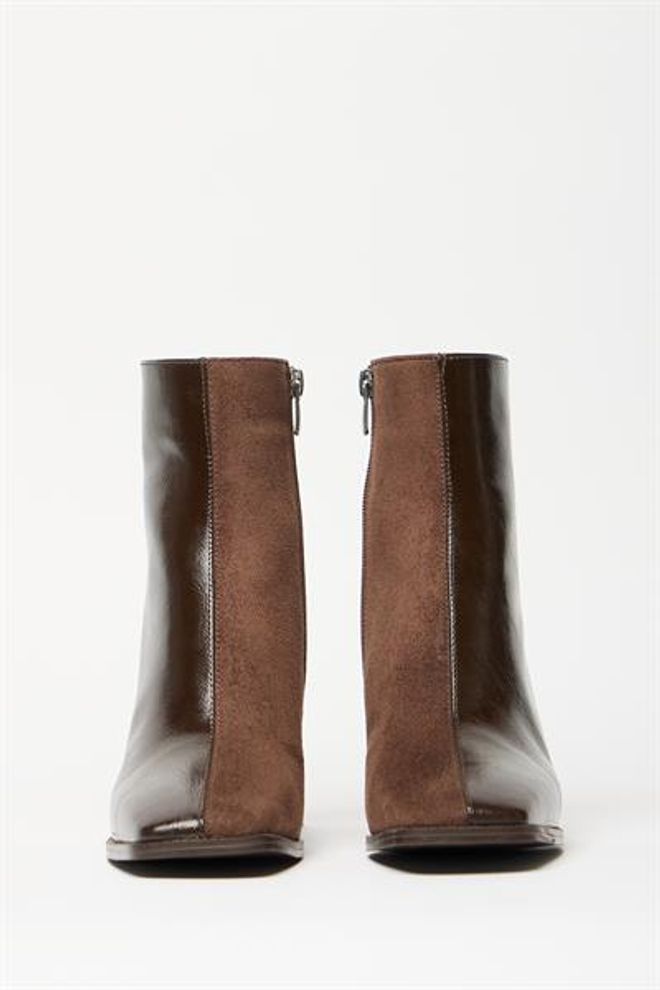 Madamra Stivali Da Donna In Pelle Scamosciata Verniciata Marrone E Tacchi A Bottone Con Cerniera In Pelle PU A Contrasto Elegante Abbigliamento all'ingrosso 4