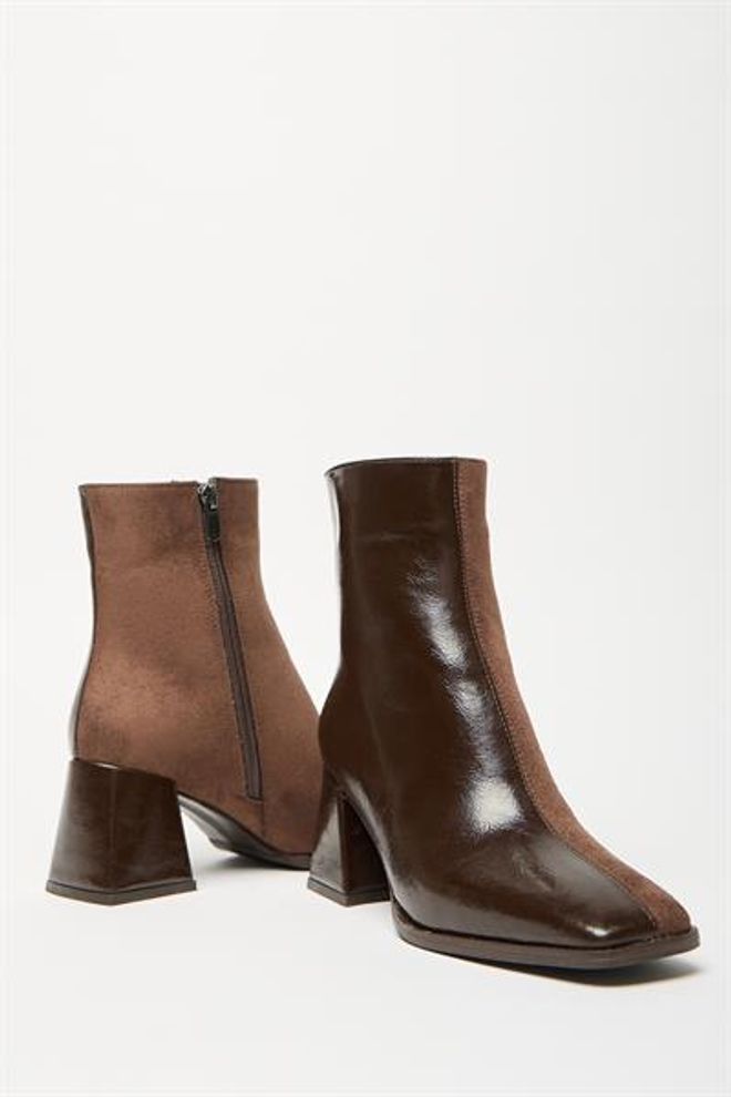 Madamra Stivali Da Donna In Pelle Scamosciata Verniciata Marrone E Tacchi A Bottone Con Cerniera In Pelle PU A Contrasto Elegante Abbigliamento all'ingrosso 1