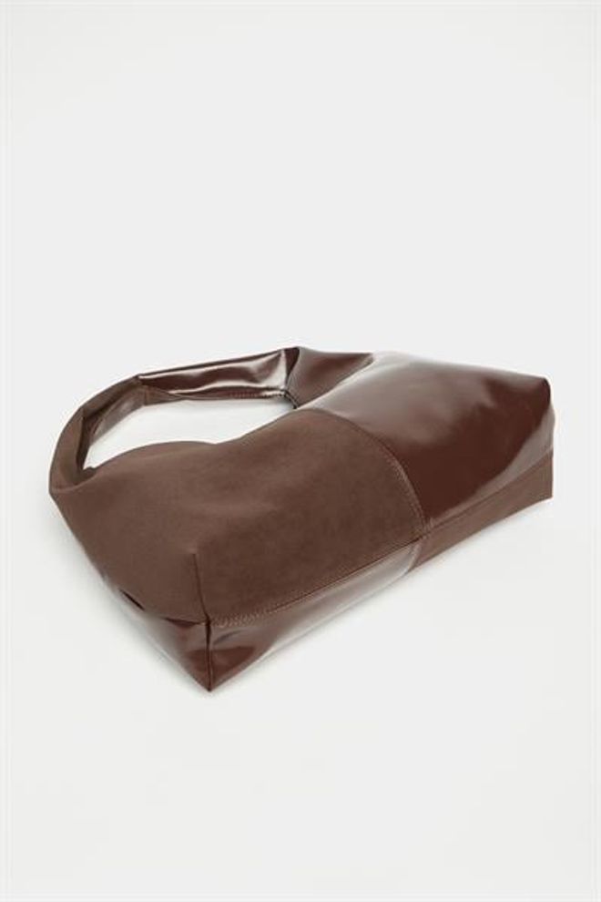 Madamra Women's Brown Suede And Patent Leather Contrast Design Shopper Shoulder Bag — Soft Form Vintage Model Wholesale Clothing 2