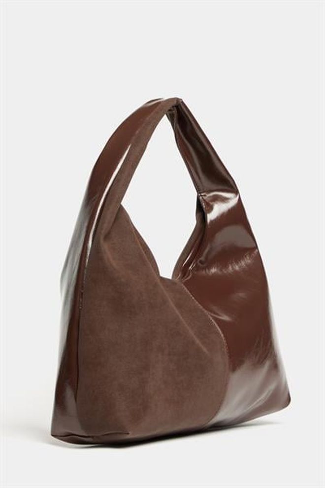 Madamra Women's Brown Suede And Patent Leather Contrast Design Shopper Shoulder Bag — Soft Form Vintage Model Wholesale Clothing 1