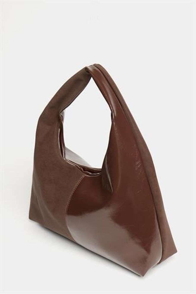 Madamra Women's Brown Suede And Patent Leather Contrast Design Shopper Shoulder Bag — Soft Form Vintage Model Wholesale Clothing 4