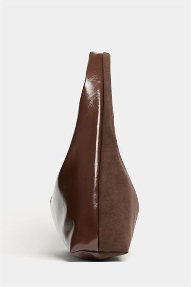 Madamra Women's Brown Suede And Patent Leather Contrast Design Shopper Shoulder Bag — Soft Form Vintage Model Wholesale Clothing 3