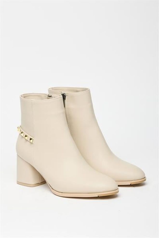 Madamra Botas Modernas Casuais De Salto Alto Com Detalhes Em Ouro Bege — Elegantes Roupas por atacado 0