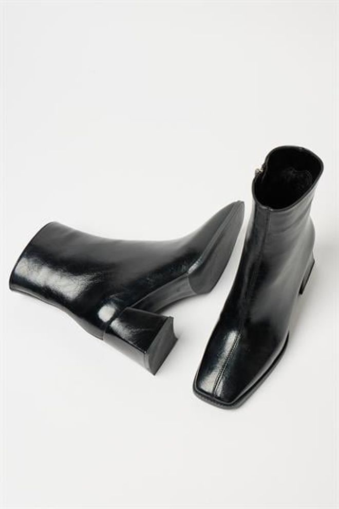 Madamra Stivali Da Donna In Pelle Verniciata Nera E Tacchi A Bottone Con Cerniera In Pelle PU A Contrasto Elegante Abbigliamento all'ingrosso 3