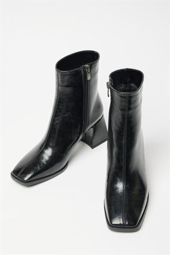 Madamra Stivali Da Donna In Pelle Verniciata Nera E Tacchi A Bottone Con Cerniera In Pelle PU A Contrasto Elegante Abbigliamento all'ingrosso 1