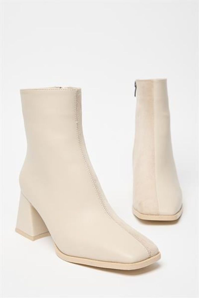 Madamra Stivali Da Donna In Pelle Scamosciata Beige E Tacchi A Bottone Con Cerniera In Pelle PU A Contrasto Elegante Abbigliamento all'ingrosso 3