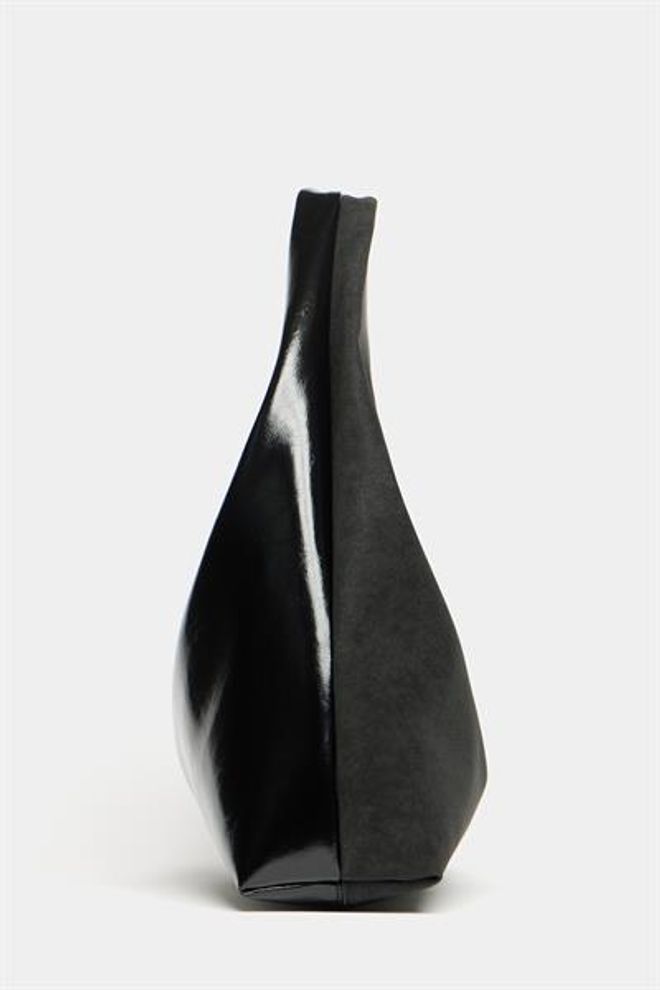 Madamra Women's Black Suede And Patent Leather Contrast Design Shopper Shoulder Bag — Soft Form Vintage Model Wholesale Clothing 3