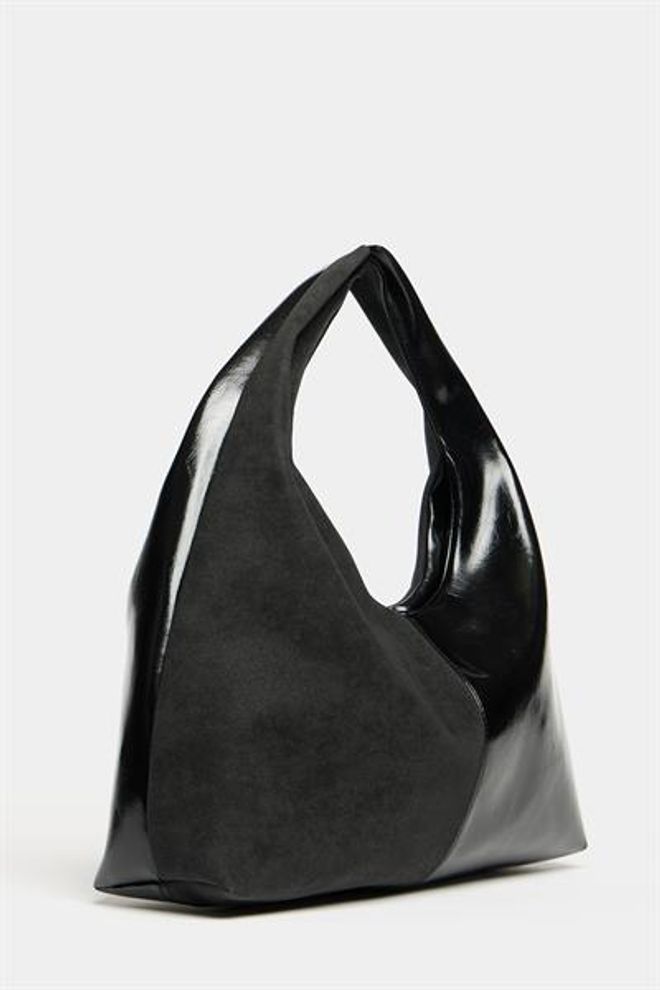 Madamra Women's Black Suede And Patent Leather Contrast Design Shopper Shoulder Bag — Soft Form Vintage Model Wholesale Clothing 1