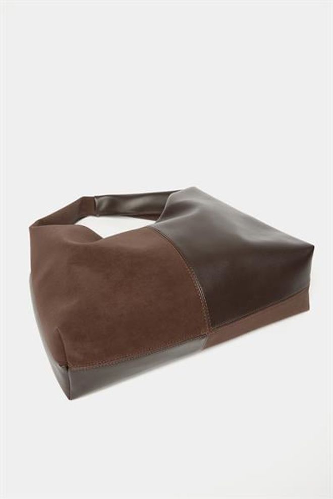 Madamra Women's Brown Suede And Pu Leather Contrast Shopper Shoulder Bag — Soft Form Vintage Model Wholesale Clothing 4