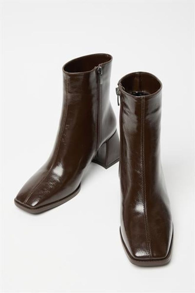 Madamra Stivali Da Donna In Pelle Verniciata Marrone E Tacchi A Bottone Con Cerniera In Pelle PU A Contrasto Elegante Abbigliamento all'ingrosso 0