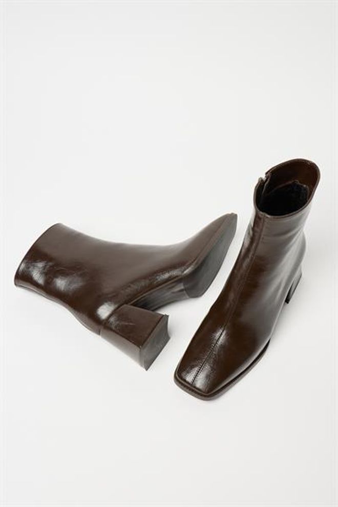 Madamra Stivali Da Donna In Pelle Verniciata Marrone E Tacchi A Bottone Con Cerniera In Pelle PU A Contrasto Elegante Abbigliamento all'ingrosso 3